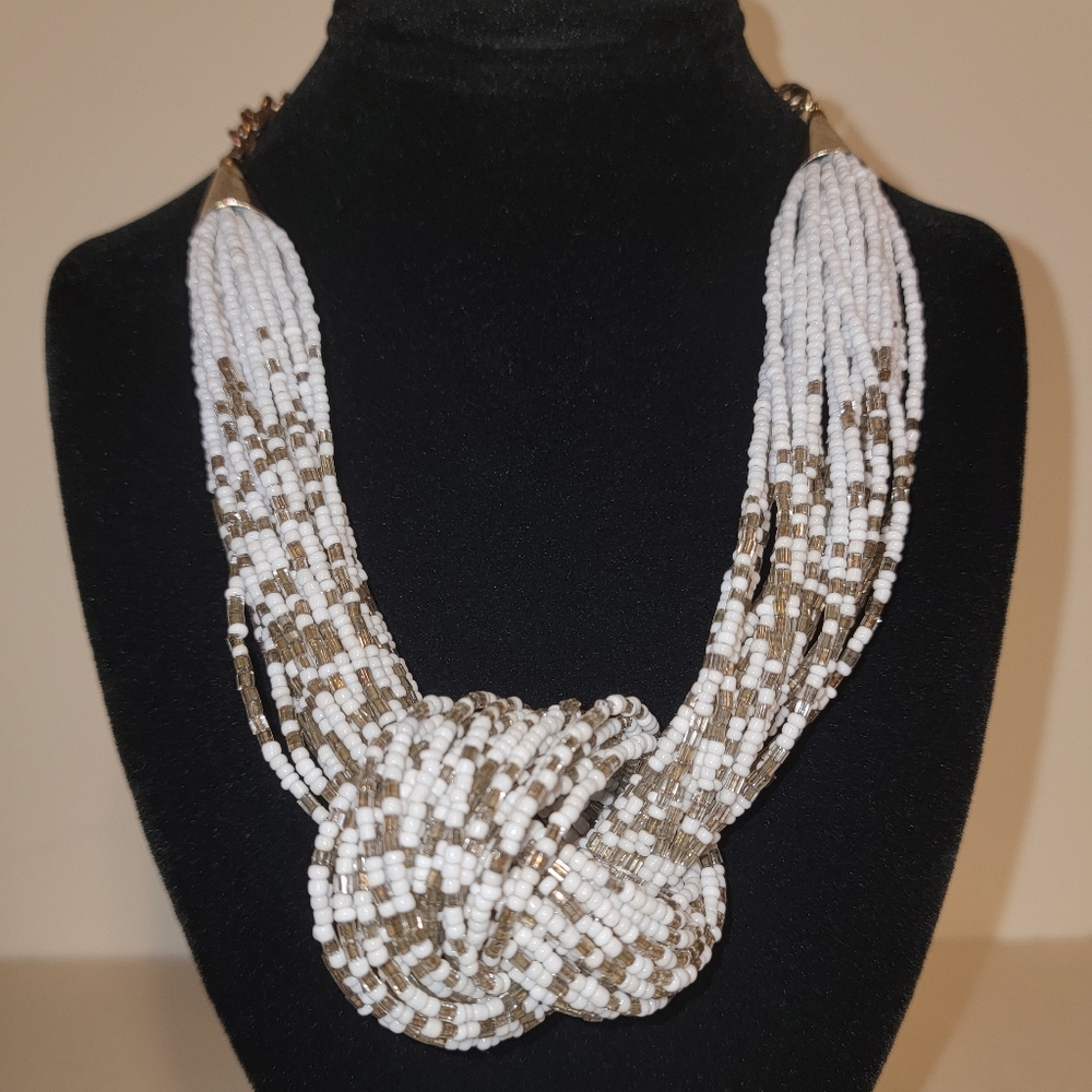 Gray White Glass Seed Bead Multi Strand Woven Knot Statement Necklace 22”